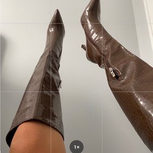 PrettyLittleThing Chocolate PU Croc Pointed Knee Boots 🤎